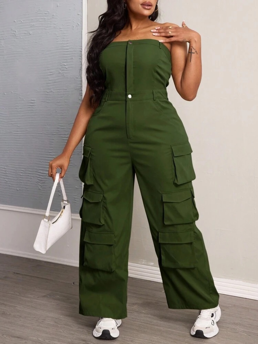 Strapless Cargo Jumpsuit - Olive Green